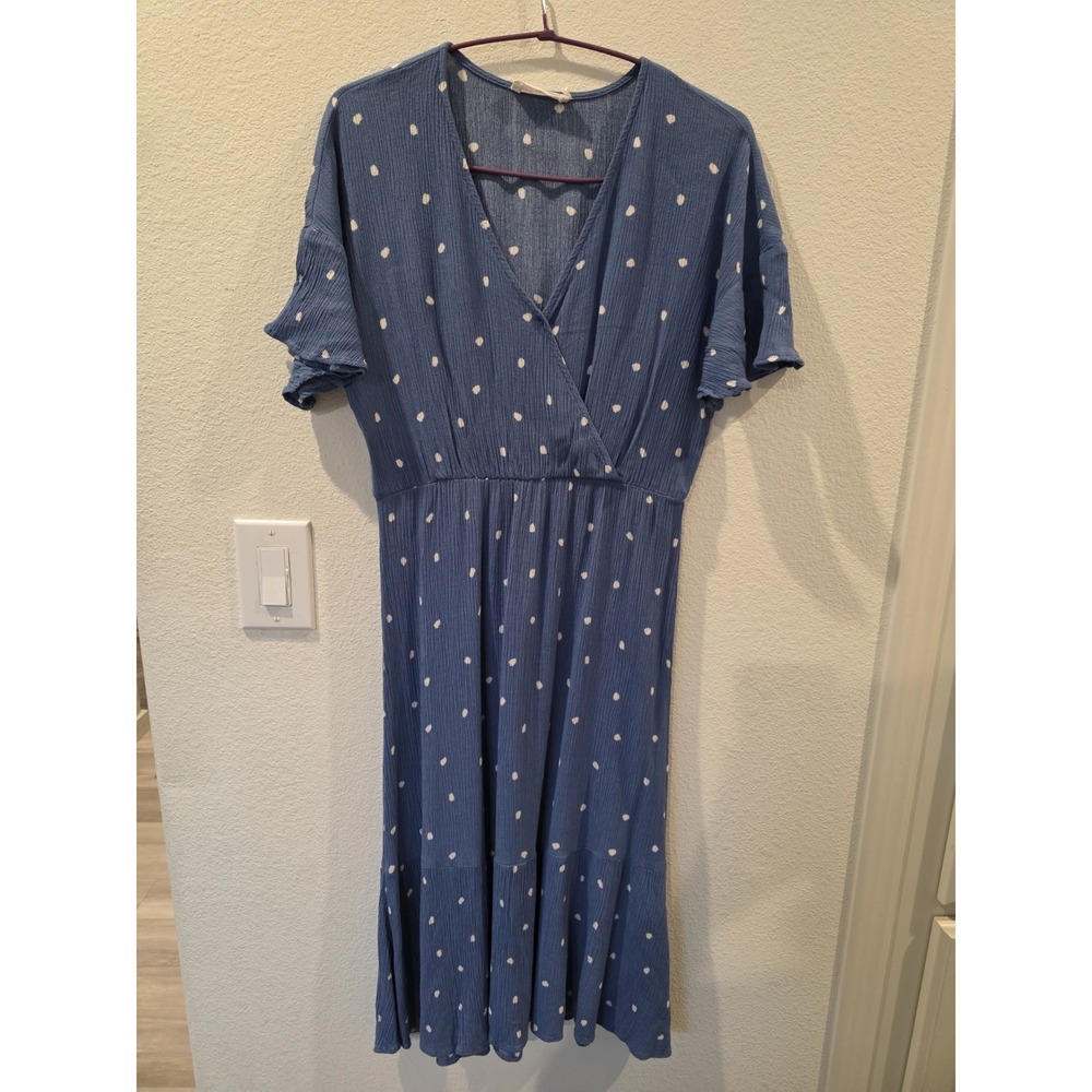 Nordstrom All In Favor Midi Dress Sz M Blue White Dot Flutter Sleeve ModestFemme